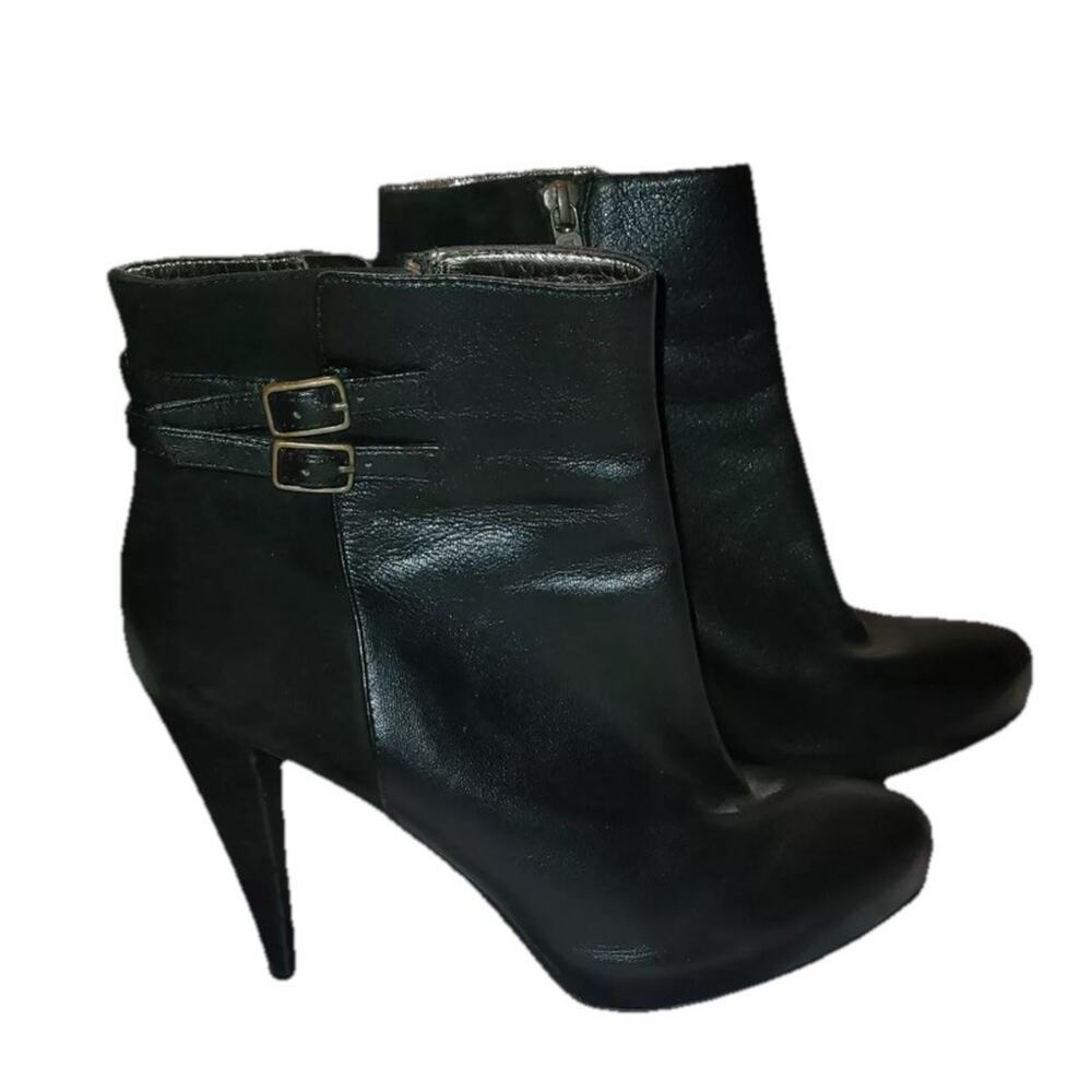 DKNY Women's Boots Size 9/40 Trudy Black 4.5”Heel Booties Side Zip Buckles Suede